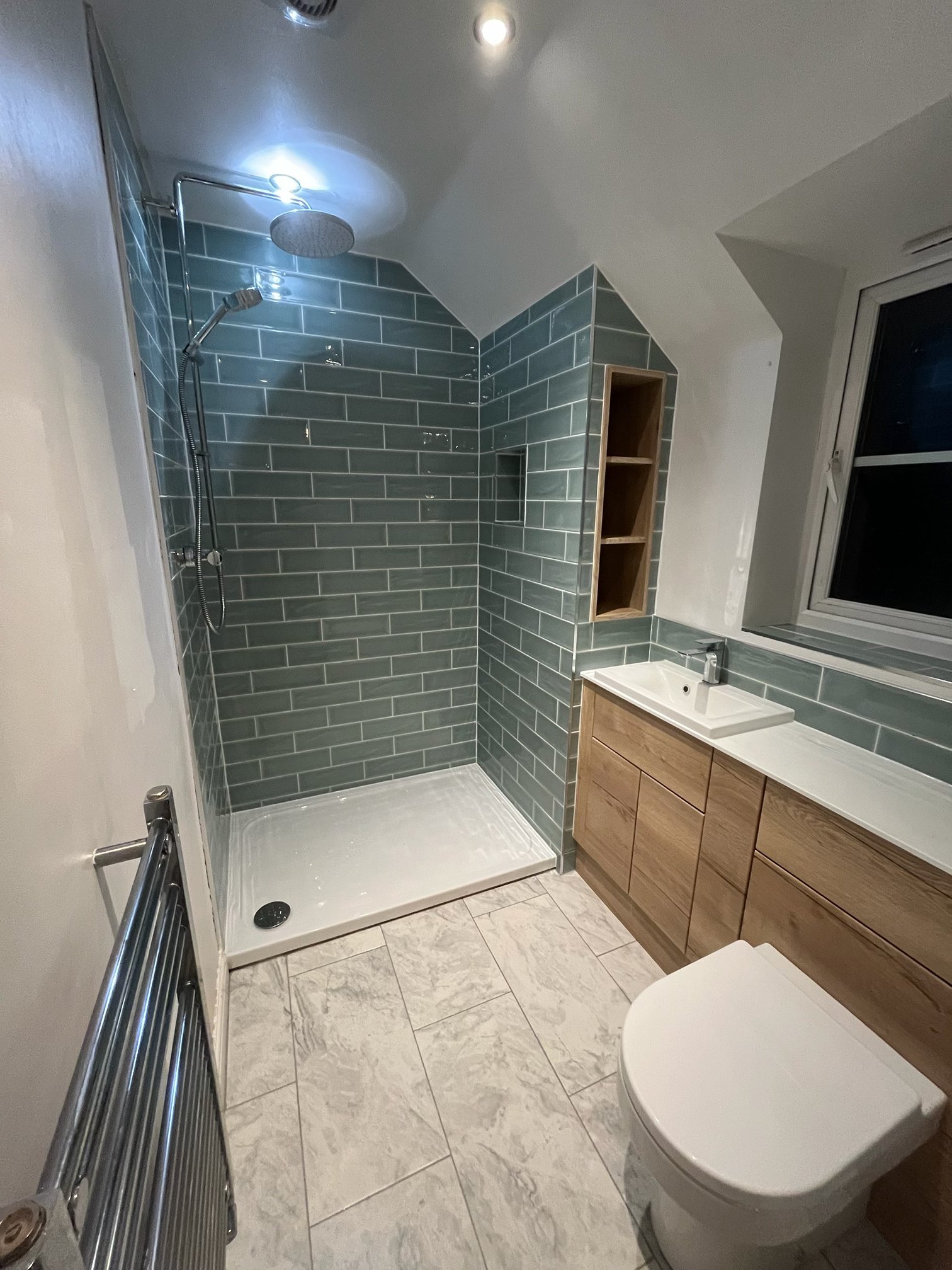 Teal Metro-Tiled Walk-In Shower Room — Oxfordshire